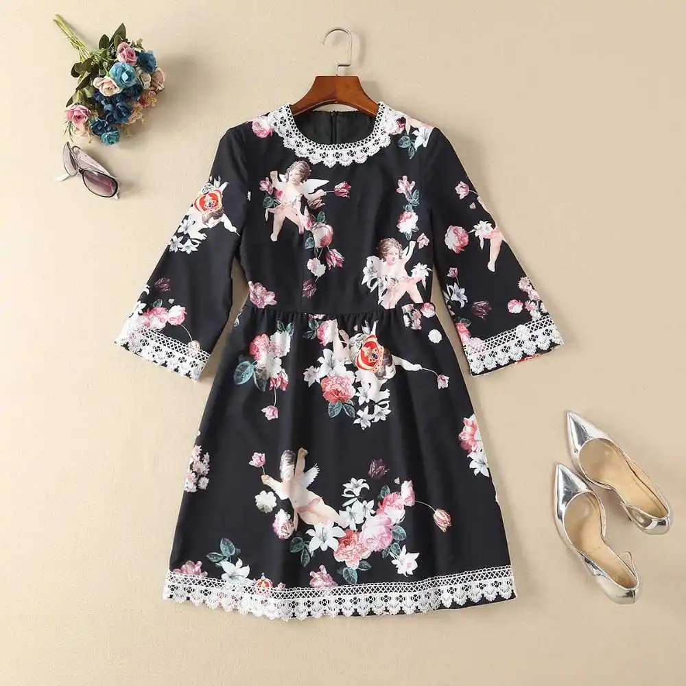 

rose quality High print three quarter sleeve dress spring summer runways angel print vintage dress S427