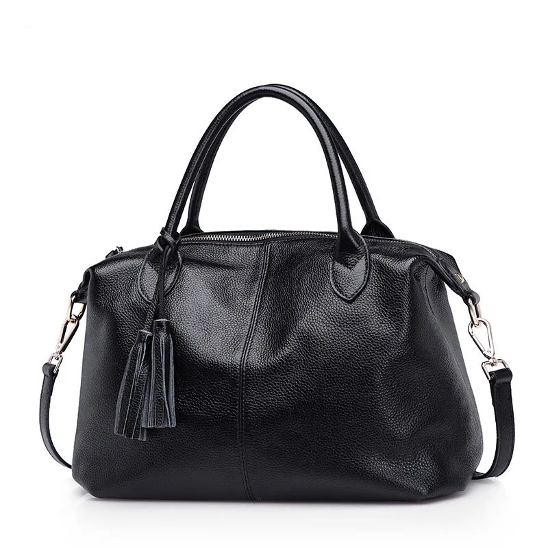 

Brand Leather Ladies Genuine Handbags Autumn Winter New Black Big Crossbody Tote Bags Fashion Tassel Office Boston Bag Women