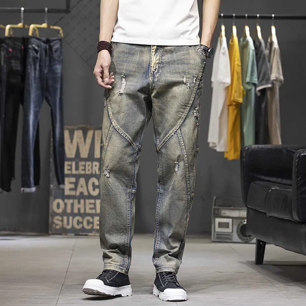 Spring Summer Fashion Denim Men Casual Loose Baggy Jeans Straight Trousers Patchwork Ripped Pants Streetwear Clothing