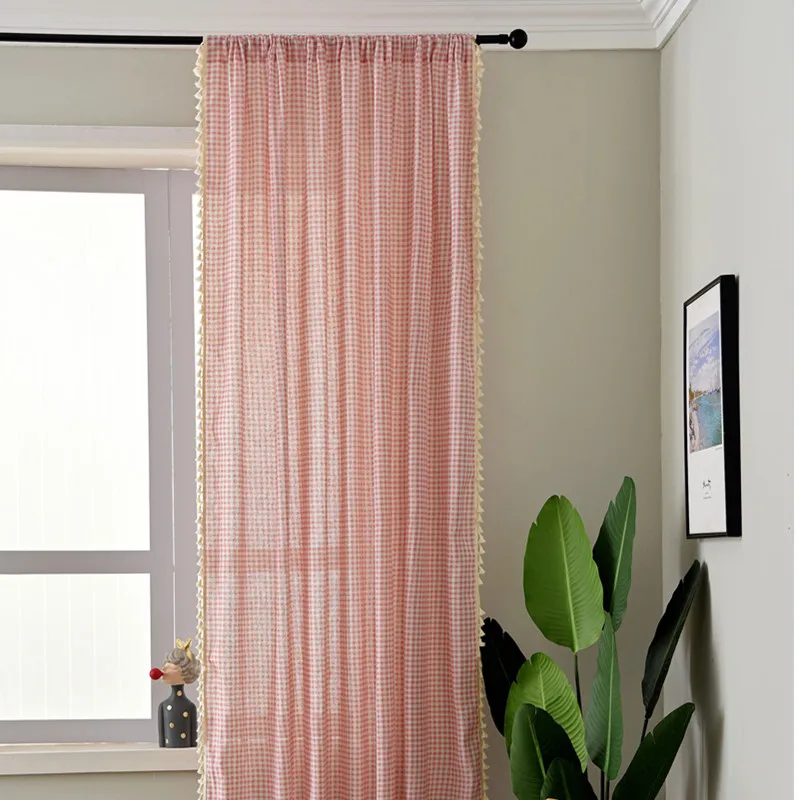 

Cotton Linen Pink Stripe Tassel Curtain Window Hanging Blackout Curtain for Living Room Easy Drape Dector for Window