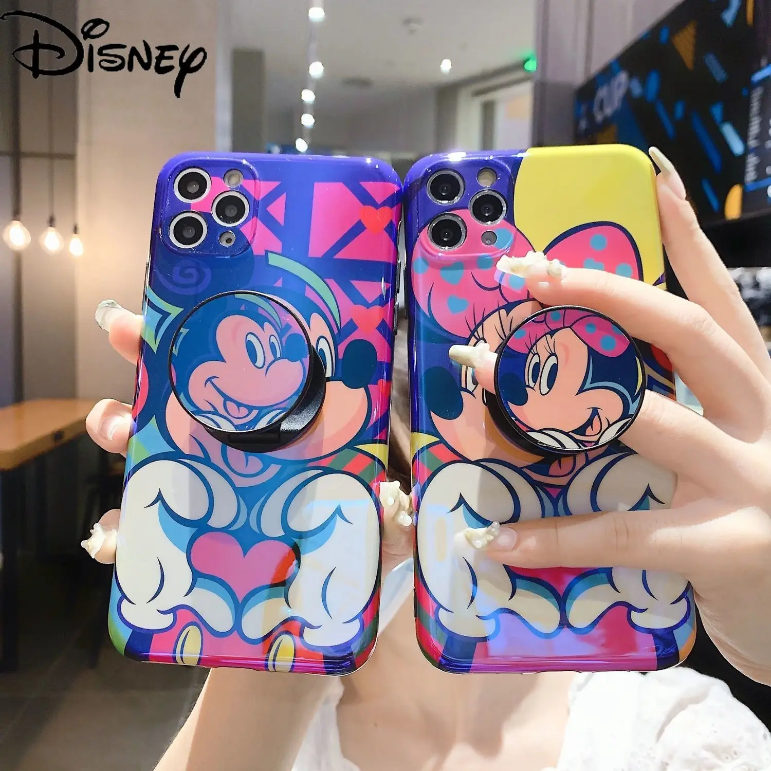 

Disney cartoon cute Mickey Minnie couple Blu-ray mobile phone case with stand for iPhone12mini /12promax/iPhonex/xs xr/7/8plus