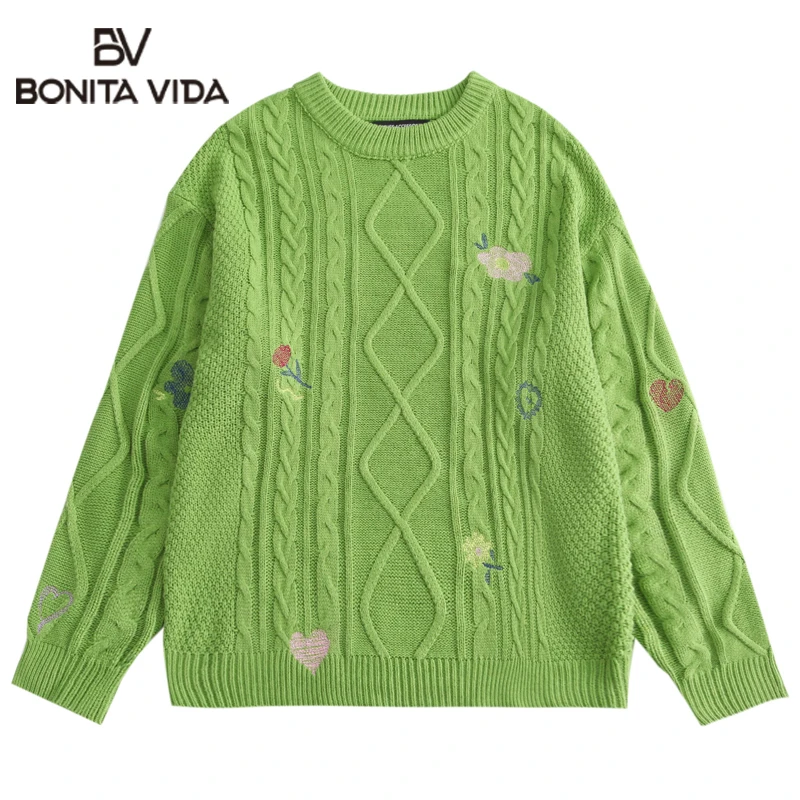 

Bonita Vida Sweaters Hip Hop Embroidery Flower Heart Knitted Jumpers Sweater Harajuku Loose Streetwear Knitwear Fashion Tops