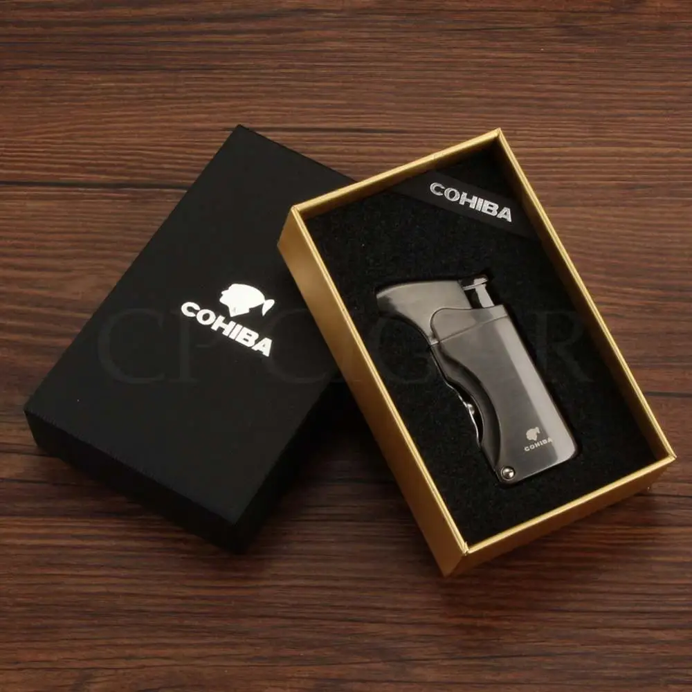 COHIBA зажигалка факел для сигарет; защита от ветра зажигалки роскошный бутан 1 струйная металлическая коробка для Сигар Зажигалка карман Встроенный 2 сигары удар