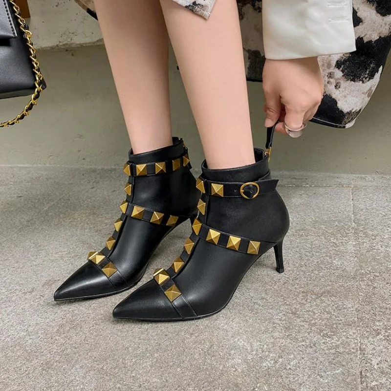 Rivet Boots 2021 Autumn and Winter New Pointed High Heel Stiletto Heel British Style Genuine Leather Fashion Short Boots Women