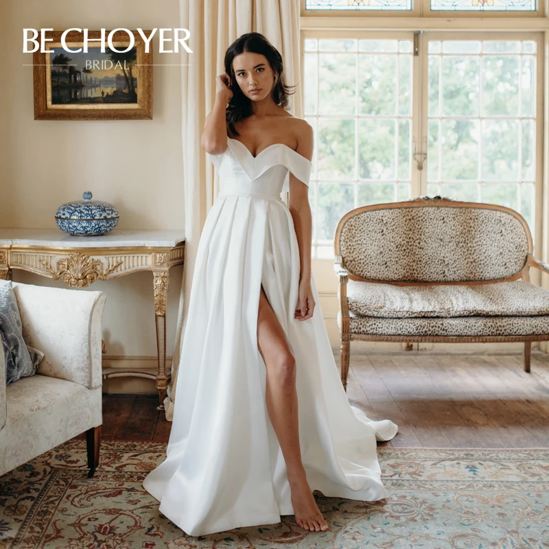 Сексуальное свадебное платье с открытыми плечами BECHOYER HE04 милое атласное