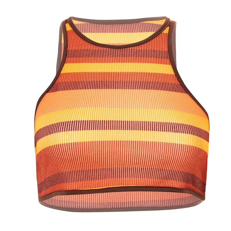 

Sleeveless O Neck Knit Stripe Print Casual Tank Top Women Summer Off Shoulder Crop Vest Top Girls Y2k Streetwear 2021 Yuqung