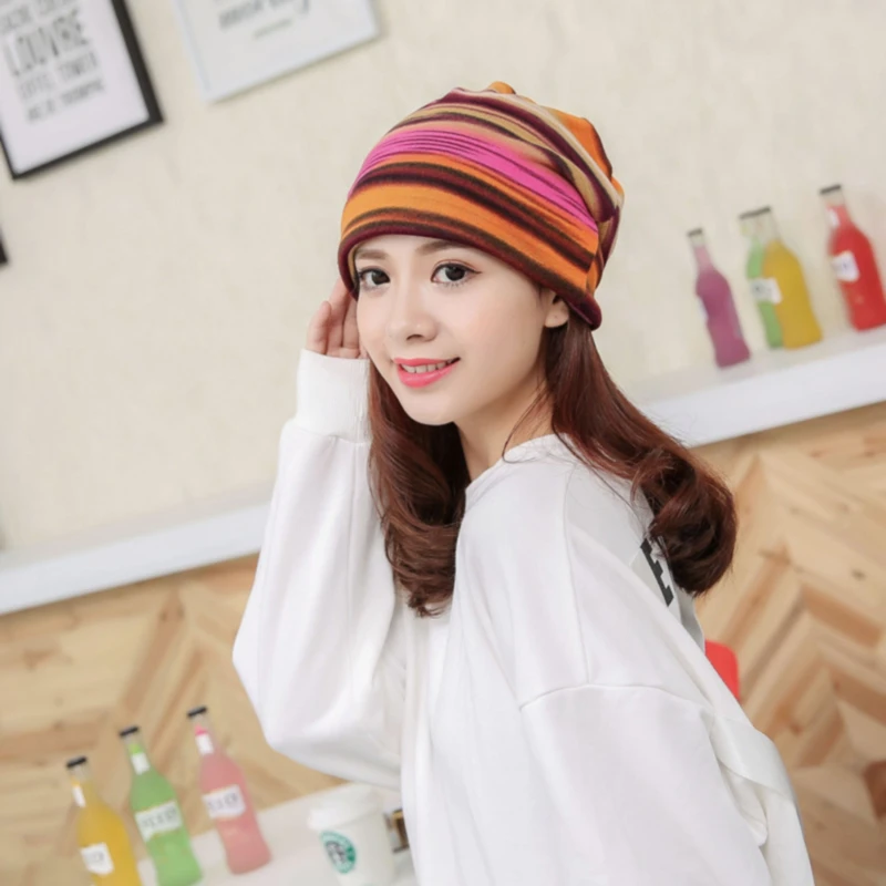 

2021 New 3 Use Cap Knitted Scarf & Winter Hats For Women Striped Beanies Women Skullies Girls Gorros Women Beanies