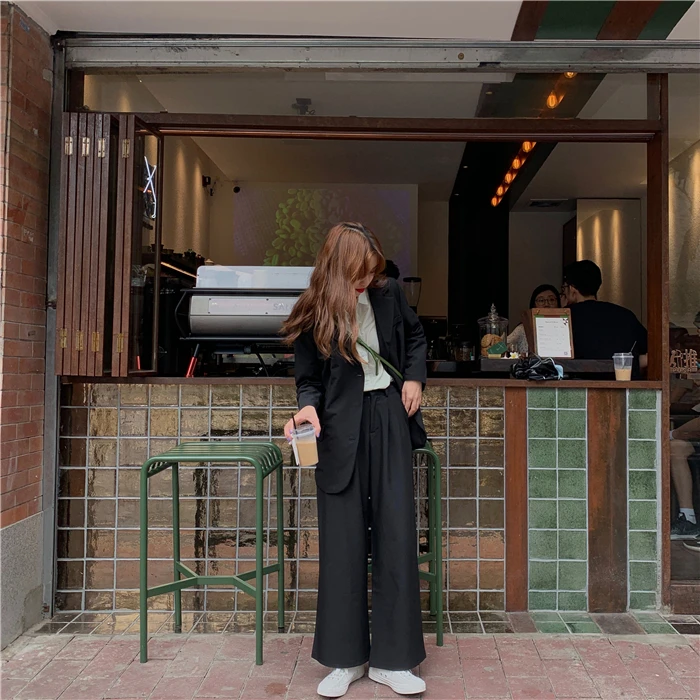 HziriP Autumn All Match Office Lady OL Style Solid Elegant Blazer+Straight Casual Loose Trouser Women Suits 2 Piece Sets