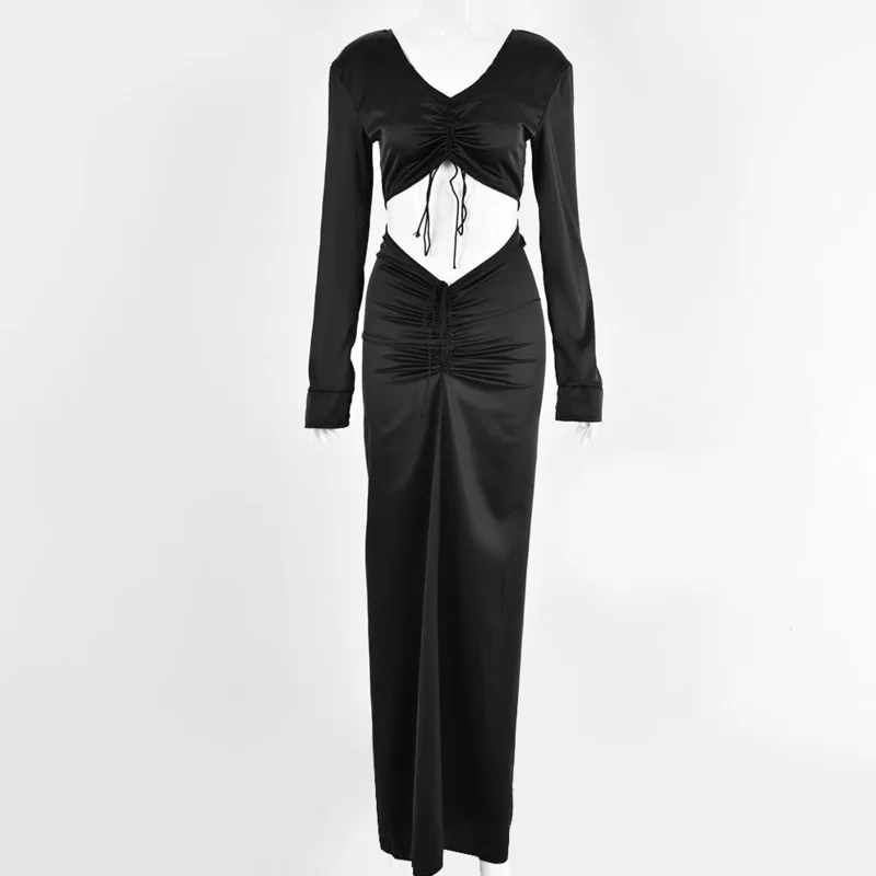 

Women Satin Silk Sexy Long Sleeve Party Bandage Dresses Women Club White Black Lace Up Bow V-Neck Hollow Dress 2020 Autumn New