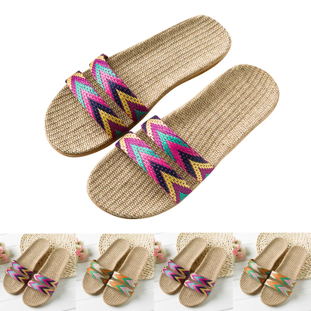 

SAGACE Women Girl Linen Summer Slippers Beach Shoes Bohemia colorful Flax Flip Flops Beach Shoes Casual Slipper Mujer