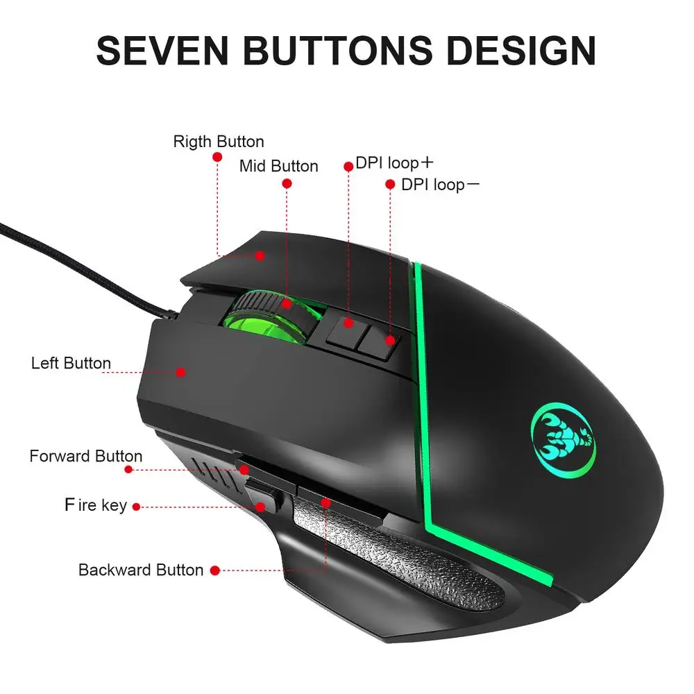 

For PC Laptop Desktop A876 Mouse Wired Gaming Mouse Pro Gamer 8 buttons Level 4 adjustable DPI Max 6400 DPI USB plug and play