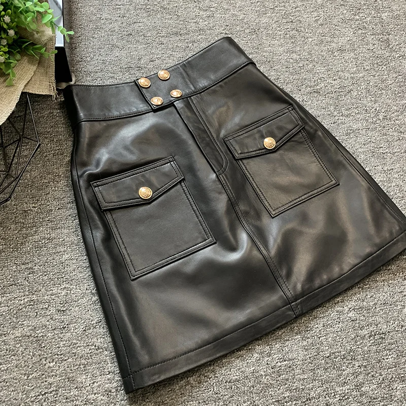 

Fall new women of royal leather short skirts black sheep's clothing line wrap skirts fashion party high waist buttons high