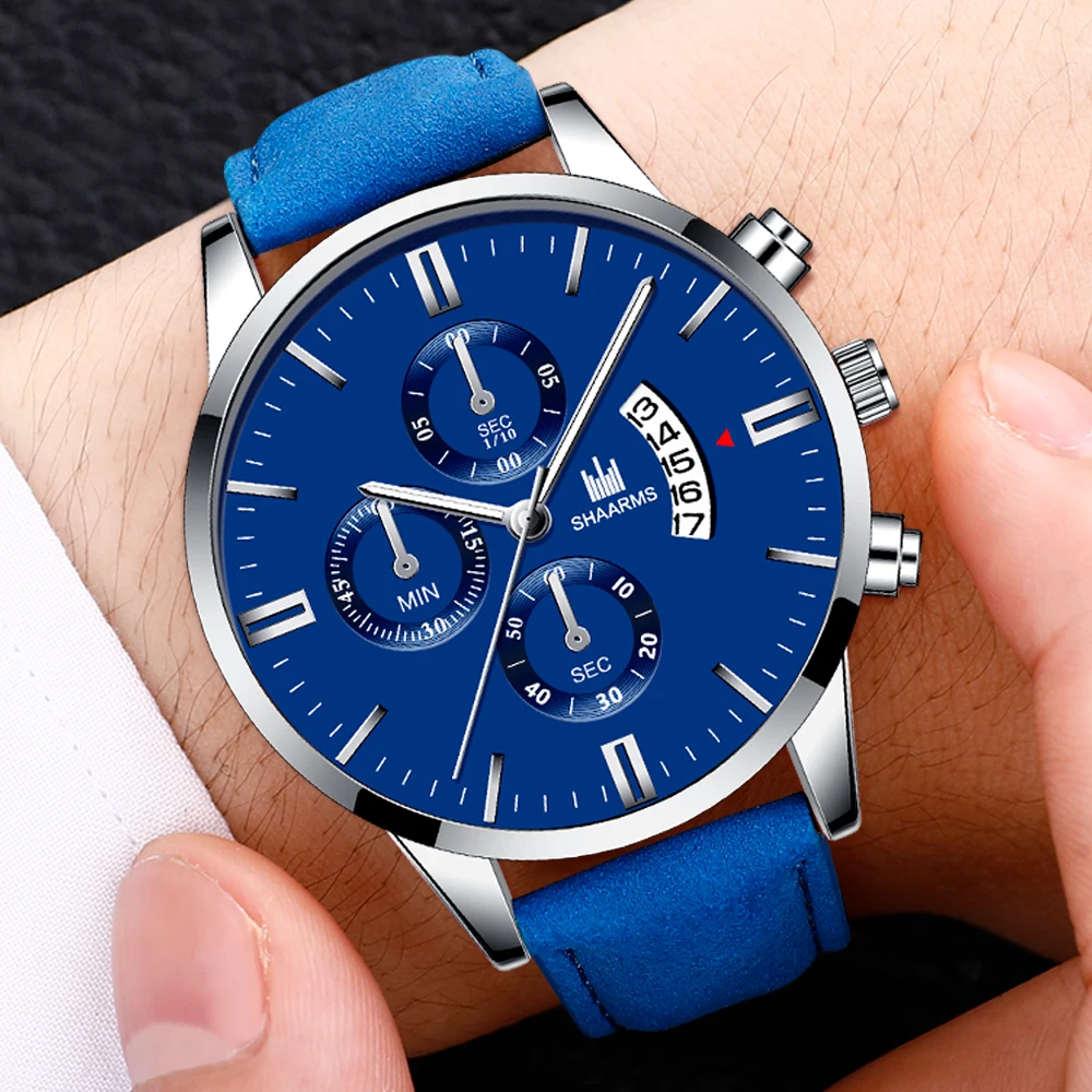 Мужские кожаные часы новая мода чехол из нержавеющей стали календарь кварцевые