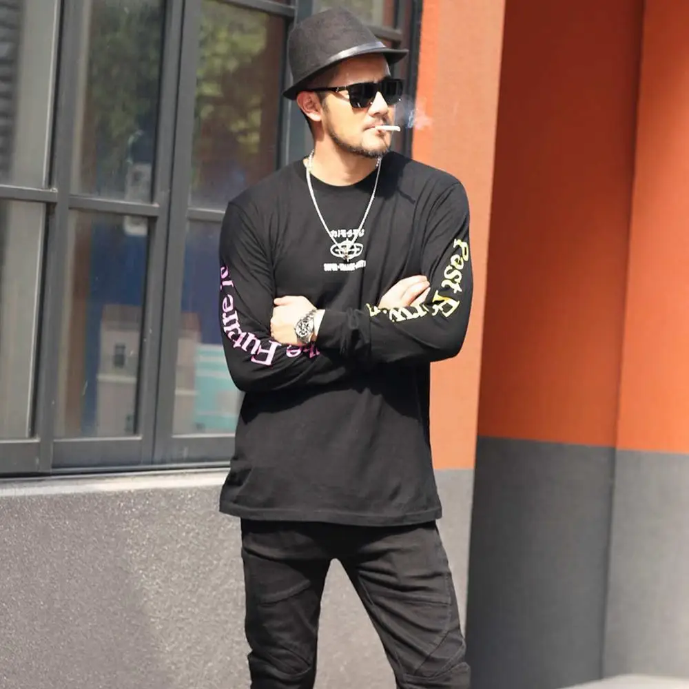 

Осенне-зимняя мужская футболка с длинным рукавом и принтом, Мужская свободная футболка с Т-образной волной на спине, с круглым вырезом, T5022