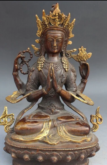 

8" Old Tibet Buddhism Bronze Gilt 4 Arms Chenrezig Buddha Avalokiteshvara Statue 20cm
