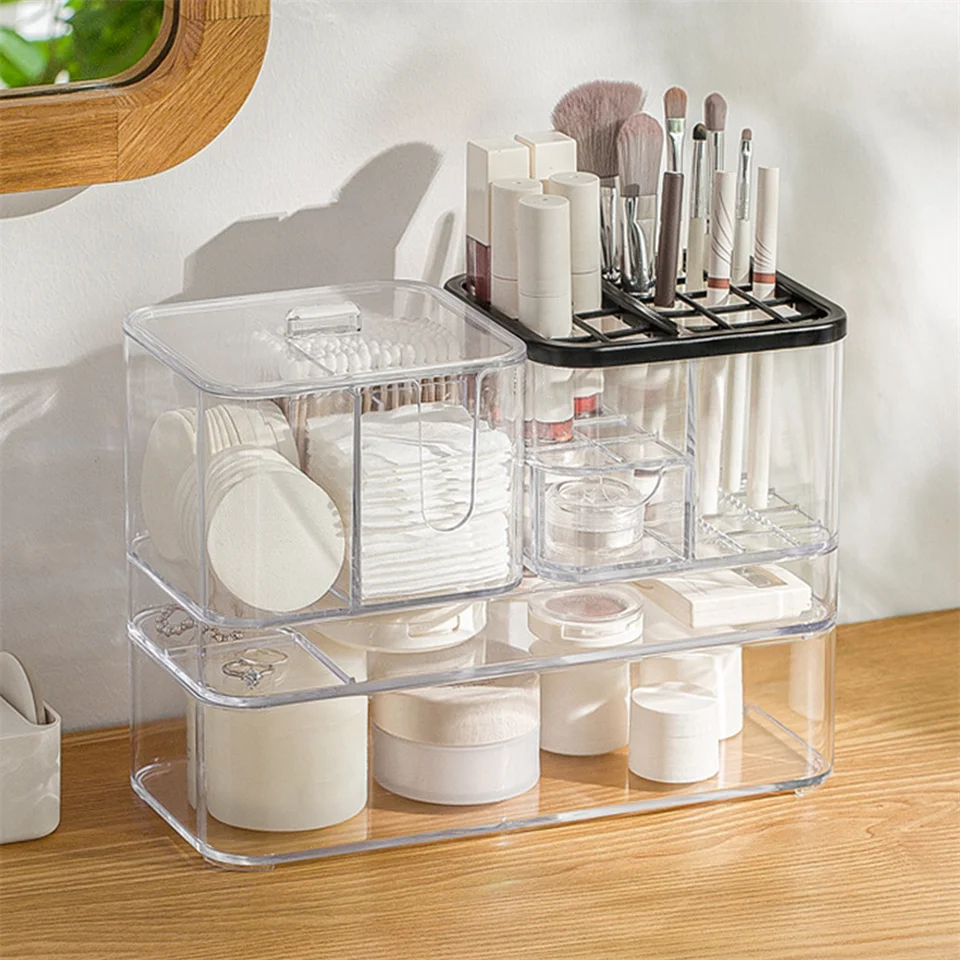 

Cosmetic Organizer Cotton Swab Stick Storage Case Makeup Brush Organizer Desktop Jewelry Nail Polish Clear Makeup Container