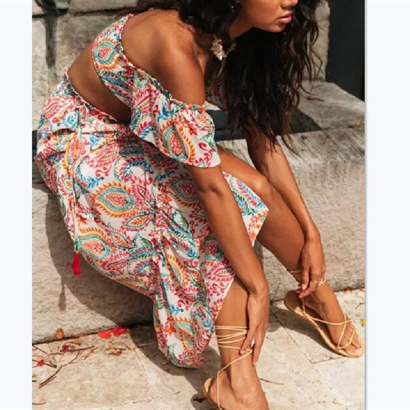 

Casual Bohemian Women Print Maxi Dress Summer 2020 Sexy Fashion Slash Neck Loose Dresses