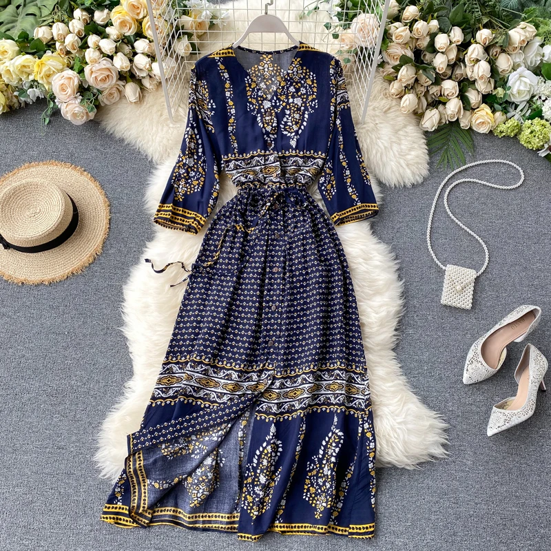 Женское летнее платье с V-образным вырезом и принтом в этническом стиле | Женская