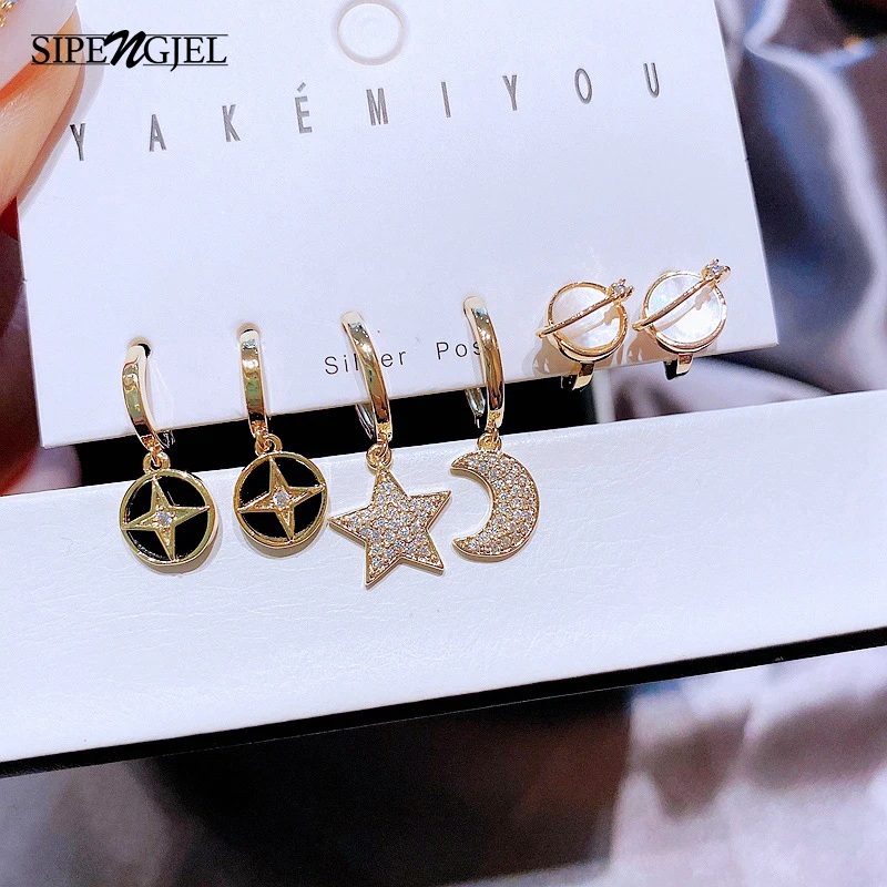 

SIPENGJEL Fashion 6 Piece Set Star Moon Pendant Huggies Earrings Simple Luxury Light Hoop Earrings For Women Jewelry