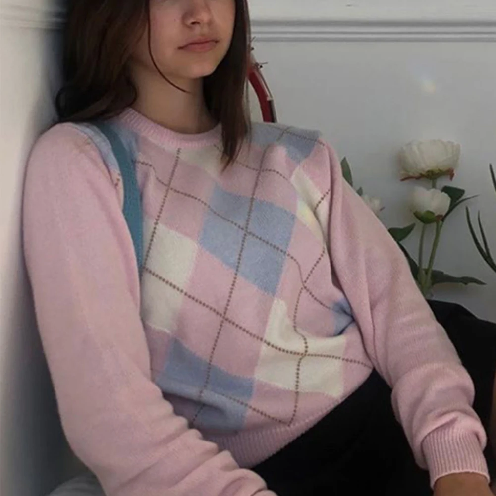 Новинка свитер в клетку E-Girl свободные вязаные топы Y2k повседневная милая одежда
