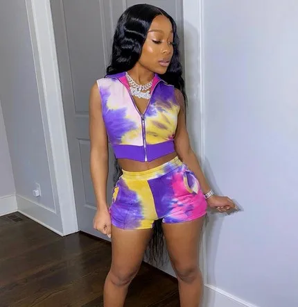 

2020 Womens Two Piece Sets Summer Fashion Sleeveless Zipper Cropped Top&Elastic Shorts Tie-Dye Print 2PCS Sets Sport Womens Sets