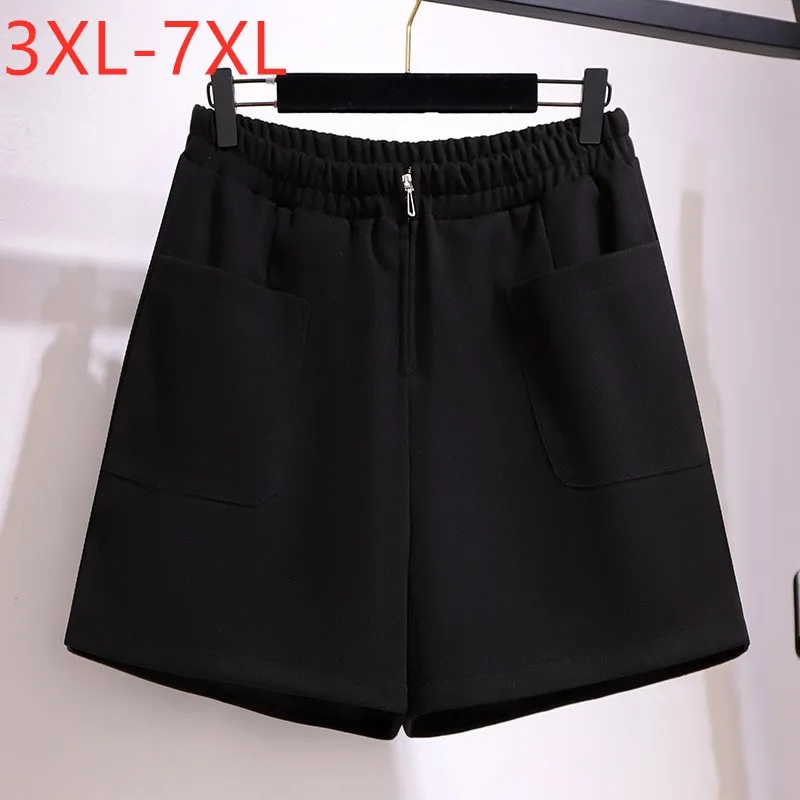 

Autumn Winter Plus Size Shorts For Women Large Casual Black Wide Leg Thick Woolen Shorts Oversize 3XL 4XL 5XL 6XL 7XL