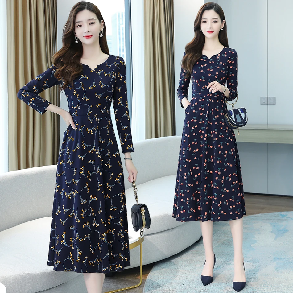 

Elegant V Neck Floral Long Dress Autumn Winter New Temperament Real Shot Bottoming Women Clothes