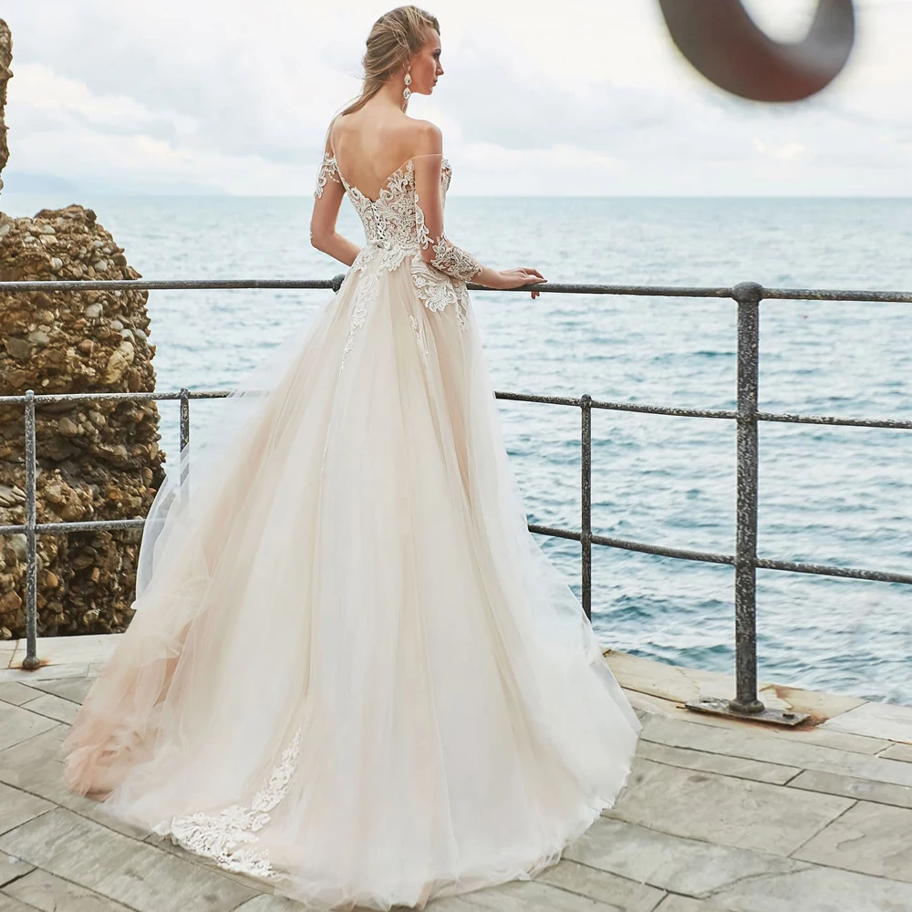 

Vestidos Elegant Wedding Dresses Tulle Illusion Appliques Square Collalr Full Sleeve Lace Up Ball Bridal Gowns