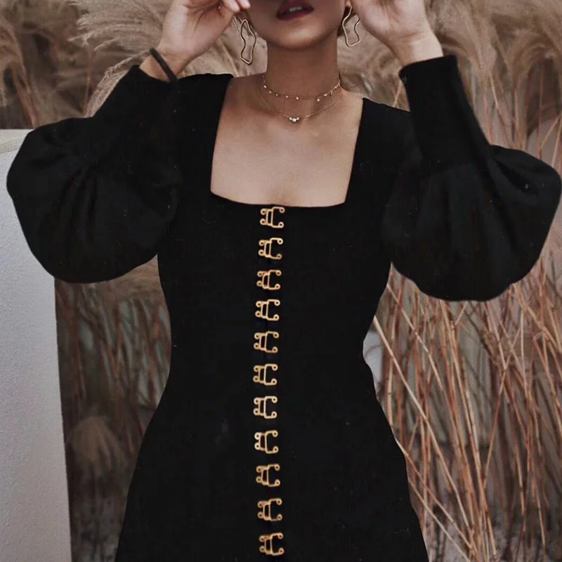 

Square Neck Solid Color Dress Long Sleeved Black Party Summer Dress Casual Vintage Gothic Kobieta Sukienka Women's BH50LYQ