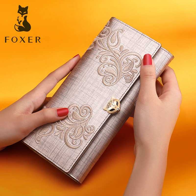 FOXER женский модный кожаный Длинный кошелек, сумка для телефона, держатель для карт, Роскошный кошелек для монет для женщин, стандартные кошельки