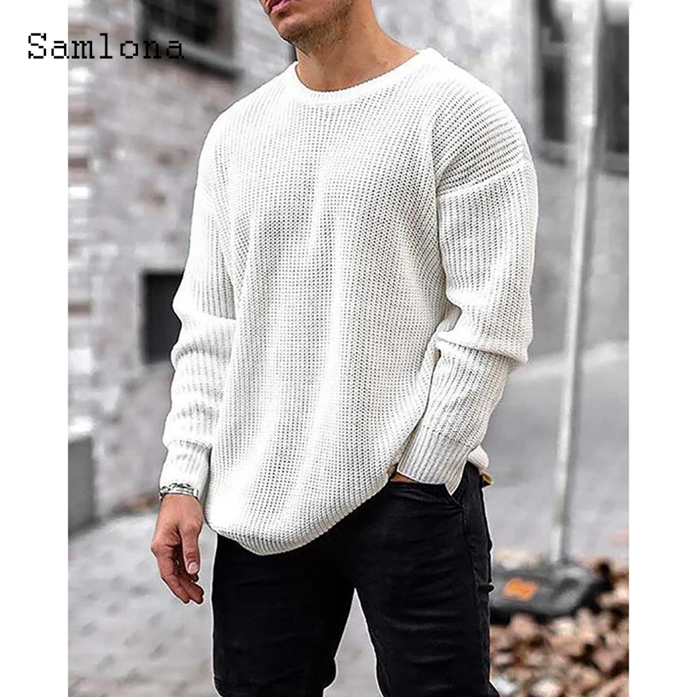 Samlona Men Knitting Sweater Winter Warm Clothes Male Streetwear 2021 Solid Fashion Top Casual Pullovers Mens White Sweaters