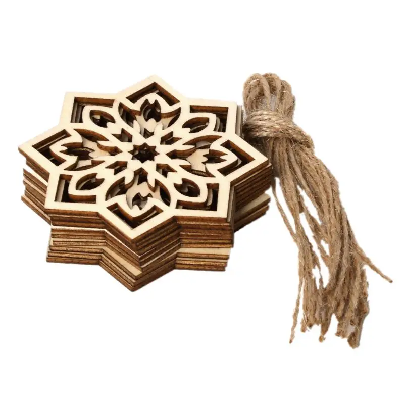 

1 Set Eid Wooden Pendant DIY Eid Mubarak Muslim Festival Natural Wood Snowflake Hanging With Ropes Hollow Ramadan Home Ornament