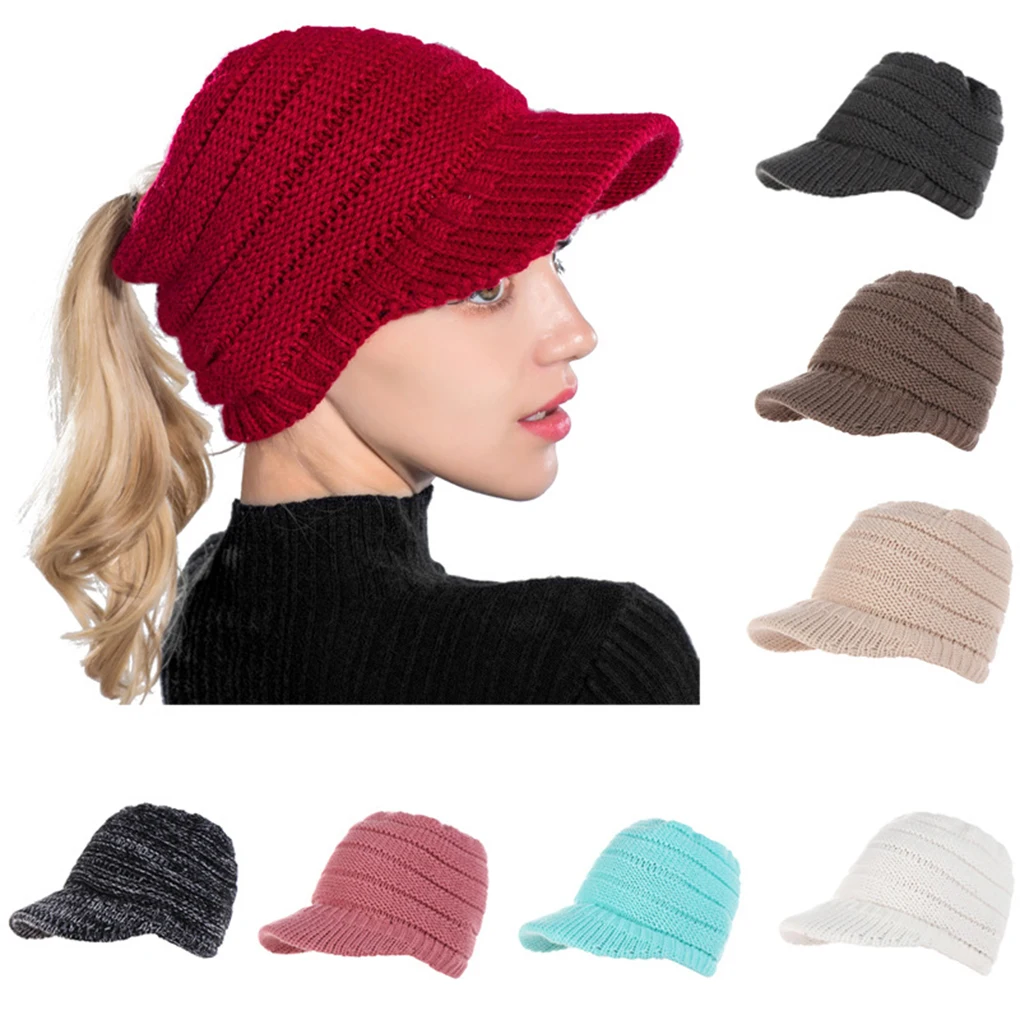 

Winter Women Knitted Baseball Cap for Girl Warm Casual Sports Elastic Adjustable Ponytail Messy Bun Foldable Visor Cap Hats