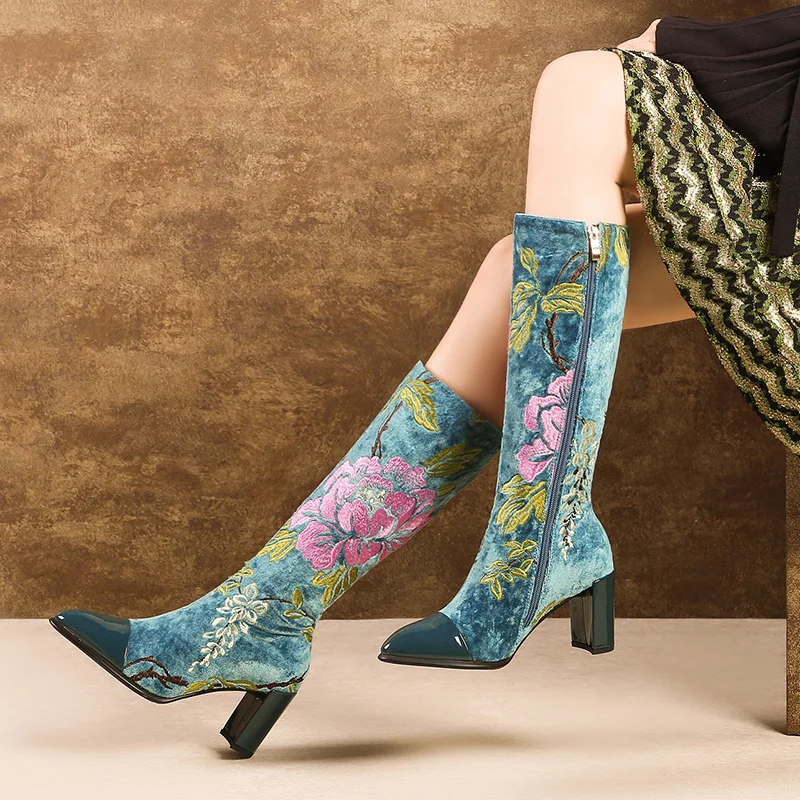 

New Vintage Print Pointed Toe High Heel Boots Women Knee High Boots Elegant Zipper Leather Party Prom Shoes Woman