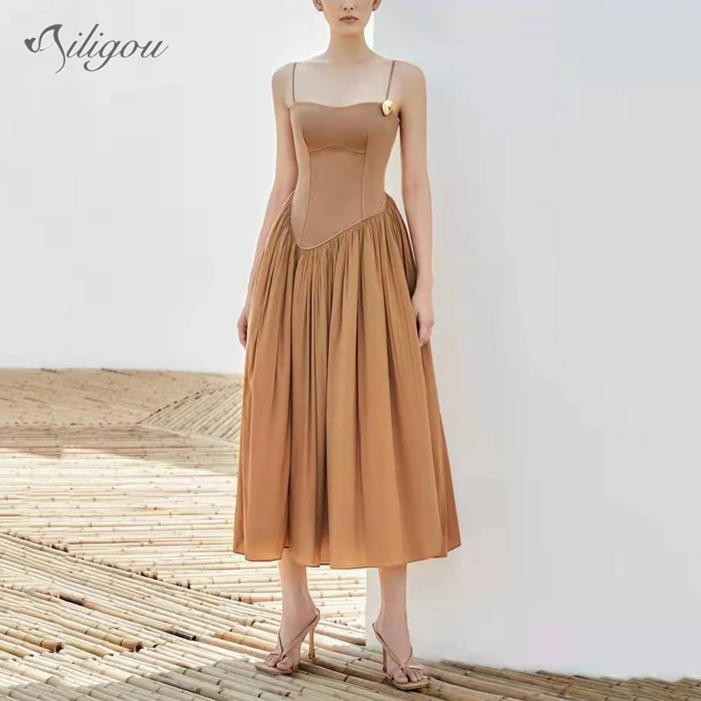 

Ailigou 2022 New Summer Fashion Black Khaki Sexy Women's Square Neck Sling High Waist A-Line Mid Length Celebrity Party Dress