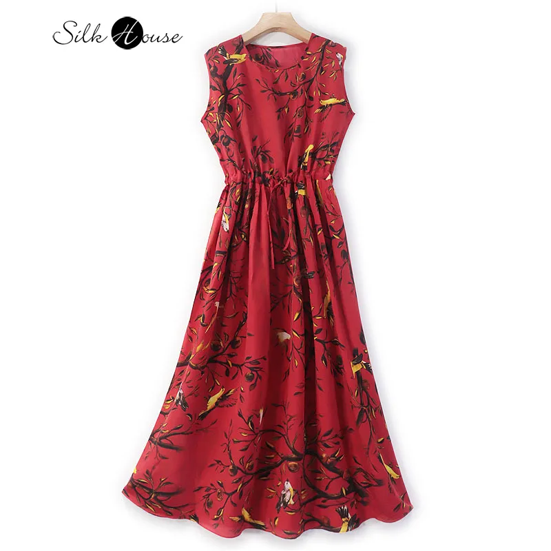 2022 Summer Red Printed Mulberry Silk Women's Fashion Dress Drawstring Party Evening Dress