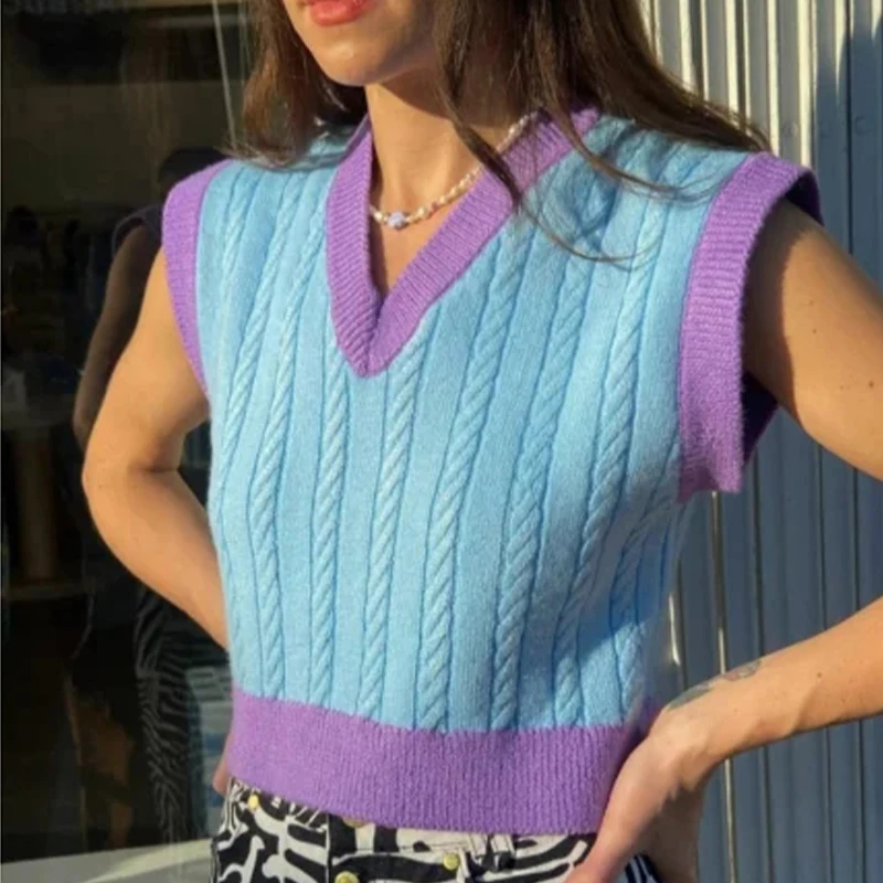

Вязаный жилет Foridol с узором, женский свитер, жилет с V-образным вырезом, осенне-зимний укороченный жилет, синие облегающие пуловеры 2021