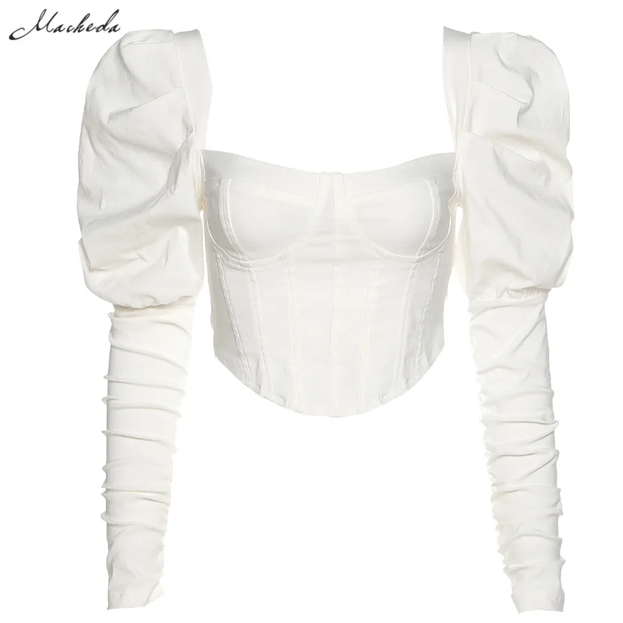 

Spring Fashion Slim T Shirt Women Elegant Square Collar Long Puff Sleeve Clothing Street Lady Solid Top 2021 New