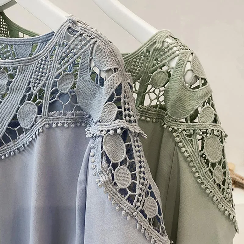 

Women Casual Hollow Lace Patchwork Short Sleeve Blouse Tops for Summer -OPK