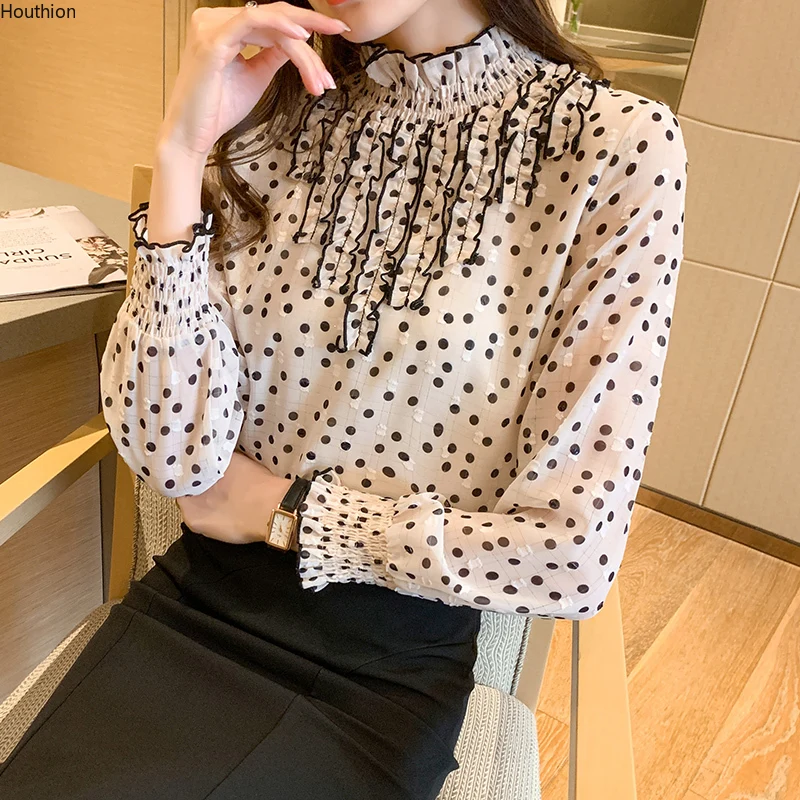 

Silk Women's Blouses Fashion Casual Silk Shirt Long Sleeved Top New Korean Style Polka Dot Printed Blouse Regular Full Houthion