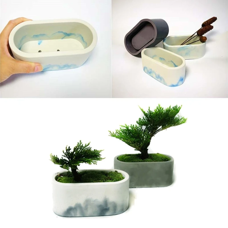 

2Pcs Oval Concrete Flower Pot Tray Silicone Mold Succulent Planter Resin Mold