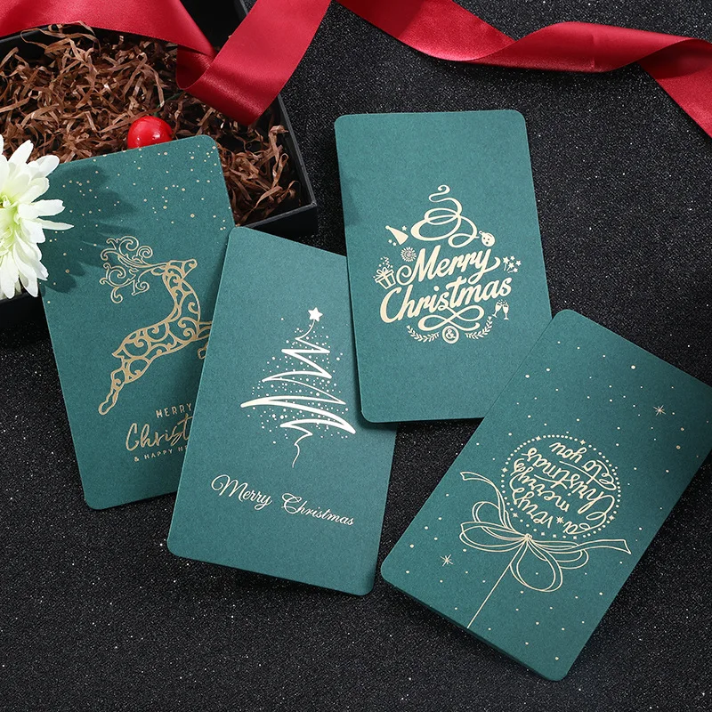 

4pcs Green Gold Stamping Business Cards With Envelop Merry Christmas Greeting Cards Thank You Cards Party Decor Invitations