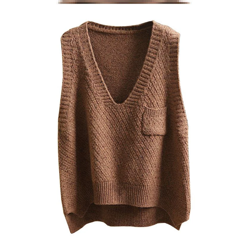 

2021 Women Sweater Vest Brown Pullover Solid Pockets V Neck Sleeveless Vintage Clothes Knitted Loose Woman Tops Knit Pull Femme