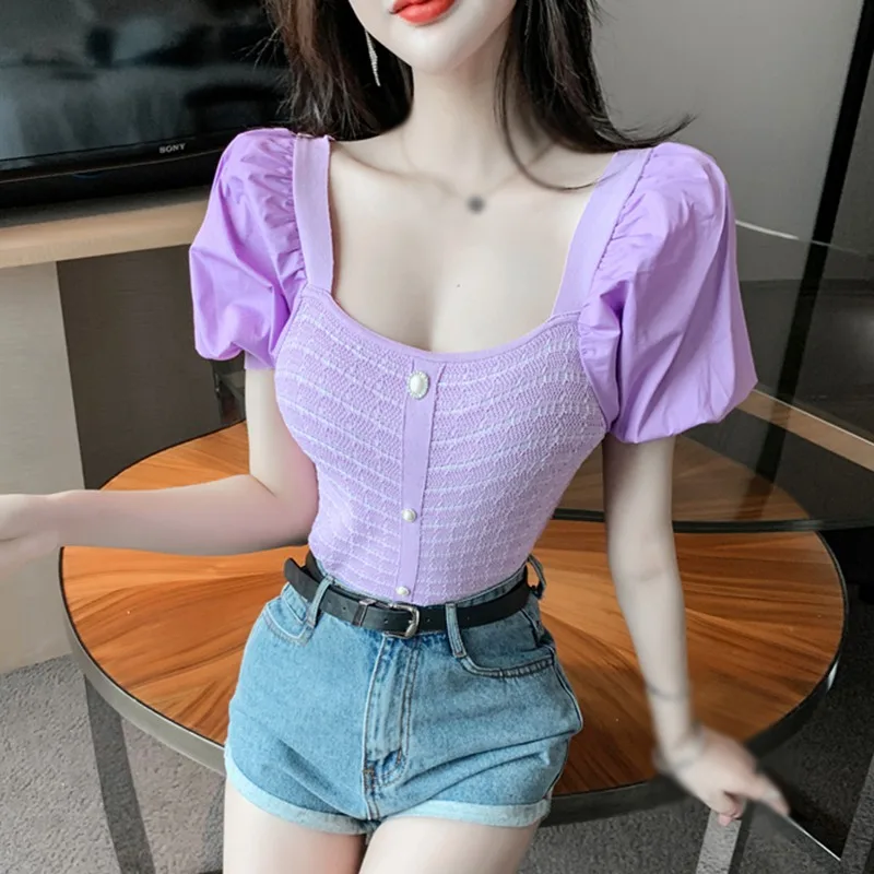 

Women Square Collar T-shirts Puff Sleeve Splicing Slim Tops Summer Knitted Short Sleeve T-Shirt
