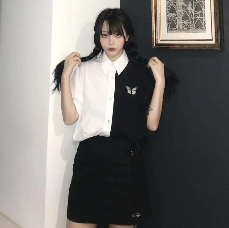 

Summer Korean of retro black white stitching short sleeve loose casual shirt women