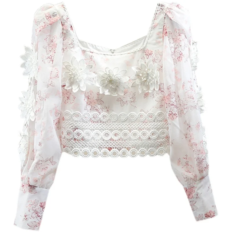 

2021 Spring Summer Clothes Printed Shirts Girls Sweet Lace Stitching Flower Back Zipper Square Collar Shirt Women Holiday Blouse