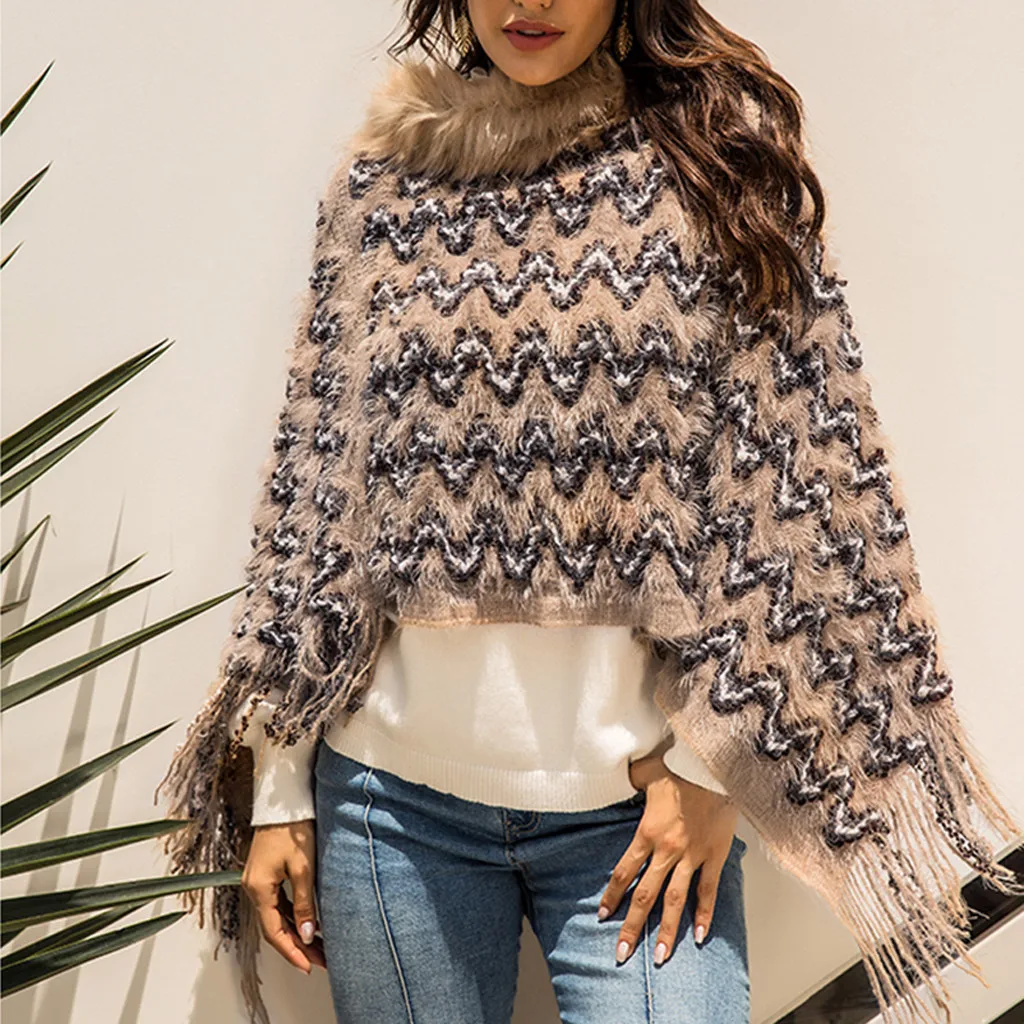 Женский свитер накидка в полоску с кисточками| |