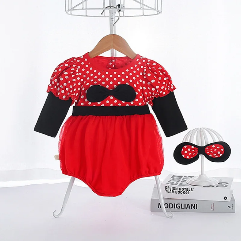 

Новинка 2021, Осенний комбинезон для маленьких девочек с круглым вырезом, лоскутным воротником, бантом и мультяшной мышью, Одежда для новорож...