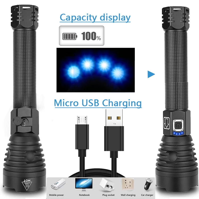 Светодиодный фонарик XHP90 самый мощный с увеличением и зарядкой от USB