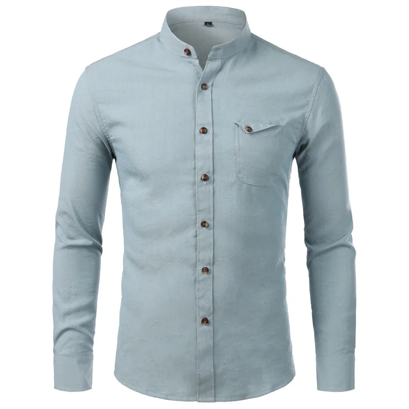 Рубашка мужская с воротником стойкой эластичная сорочка на пуговицах карманами